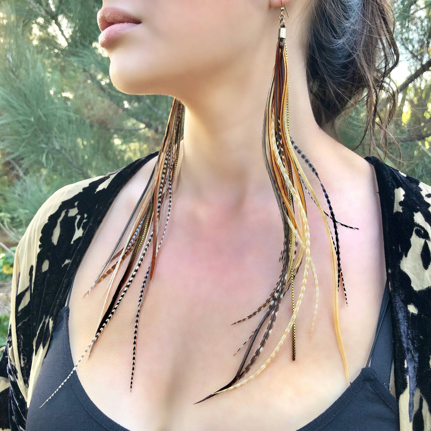 FREEBIRDS COLLECTION: Extra Long Feather Earrings - Mix Griz