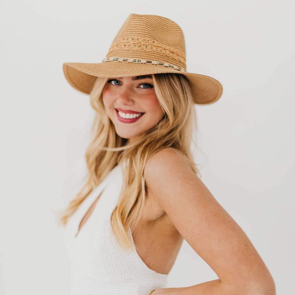 Stylish Tan and Cream Straw Hat with Beaded Band Layered Beaed Hat Band Western Cowboys Ladies Hat Decoration  main image 4