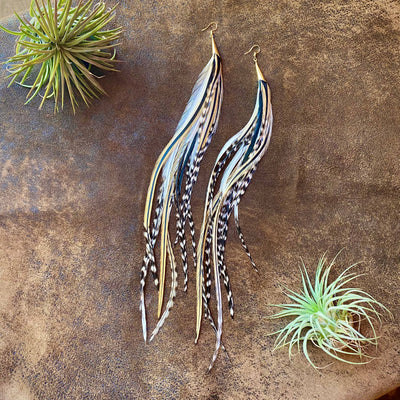FREEBIRDS COLLECTION: Cone Feather Earrings - Golden Blk Grz