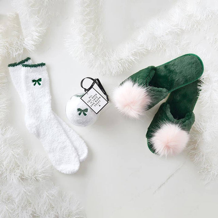 NEW Plush Slippers - Green + Blush Pom Pom