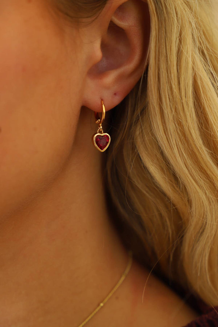 E1695G Gold Earrings-Ruby Heart Huggies