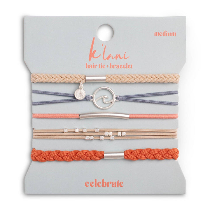Hair Tie Bracelets-Celebrate Blues and Corals With Silver Wave Charm