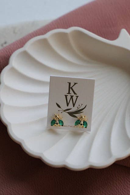 E1702G- Gold Earrings-Emerald Bee Studs