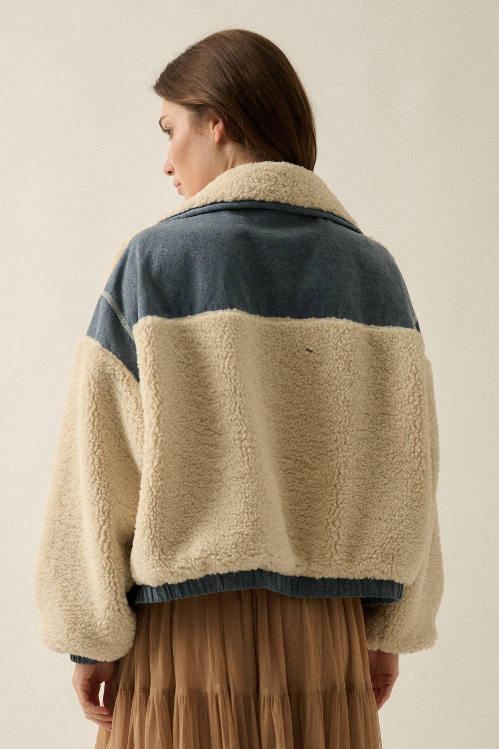 Sherpa Fleece and Denim Zip-Up Pocket Jacket