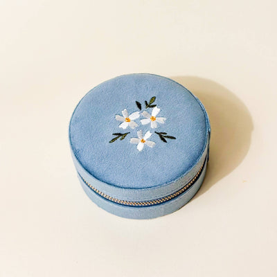 Round Velvet Jewelry Case-Floral Misty Blue