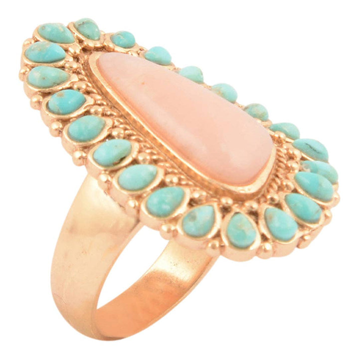 Ring-Cactus Rose Pink Opal and Blue Turquoise Golden Statement