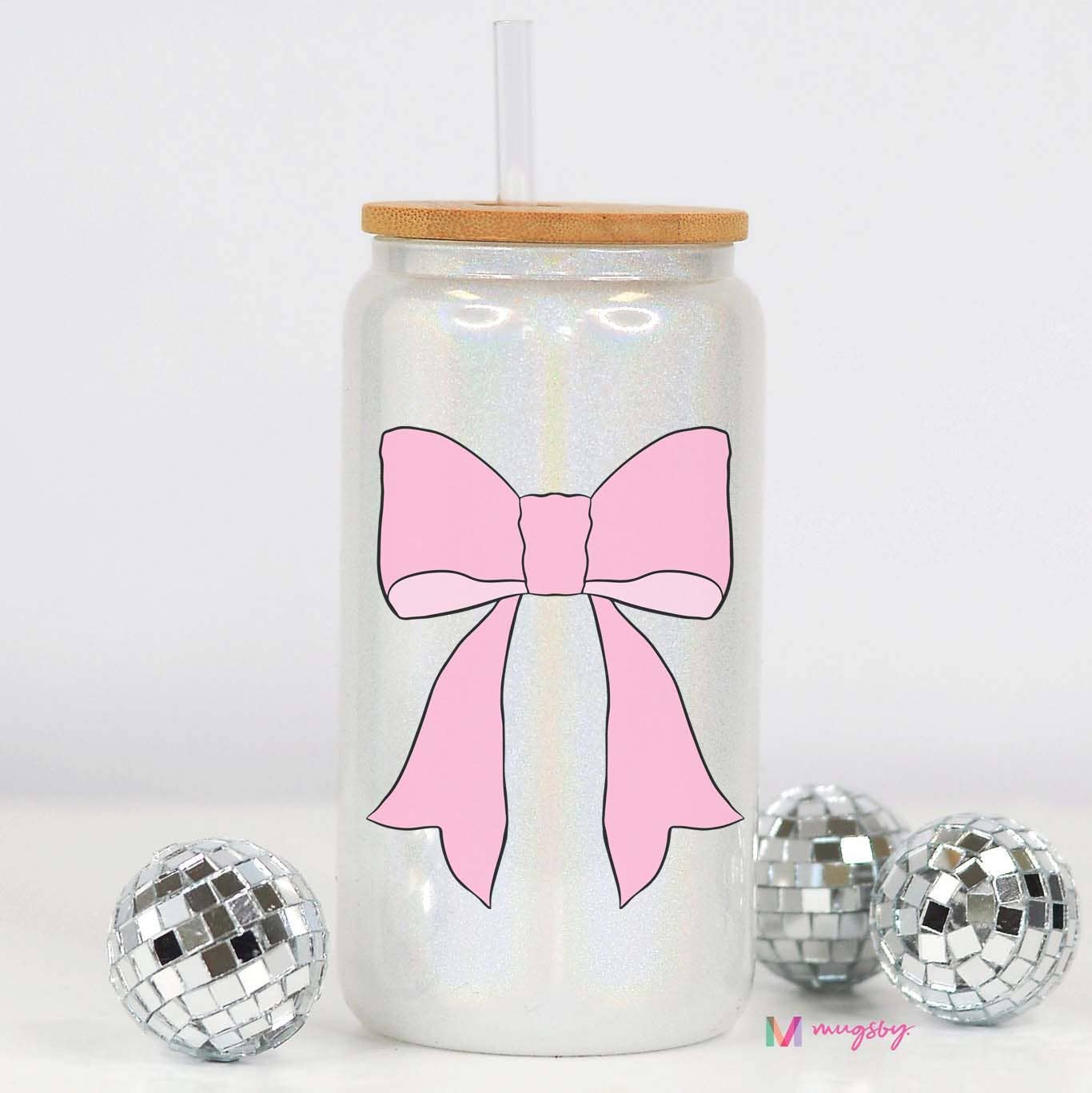 Bow Glitter Glass Cup, Bamboo Lid, Pink Bow, Pink Bow Cup