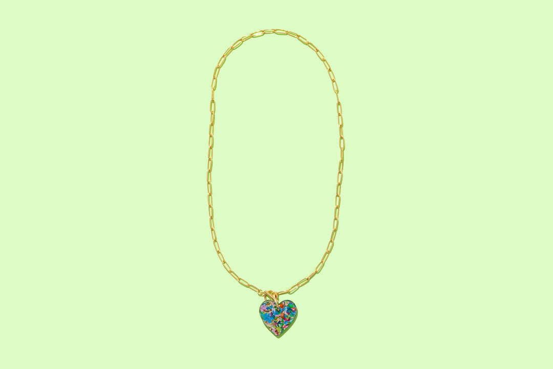 Paperclip Chain Necklace - Heart Pendant -Colorful Confetti