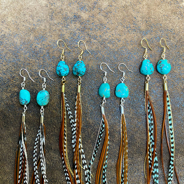 Astali Earrings-Turquoise & Mini Feather-Teal Grizzly & Fawn/Gold