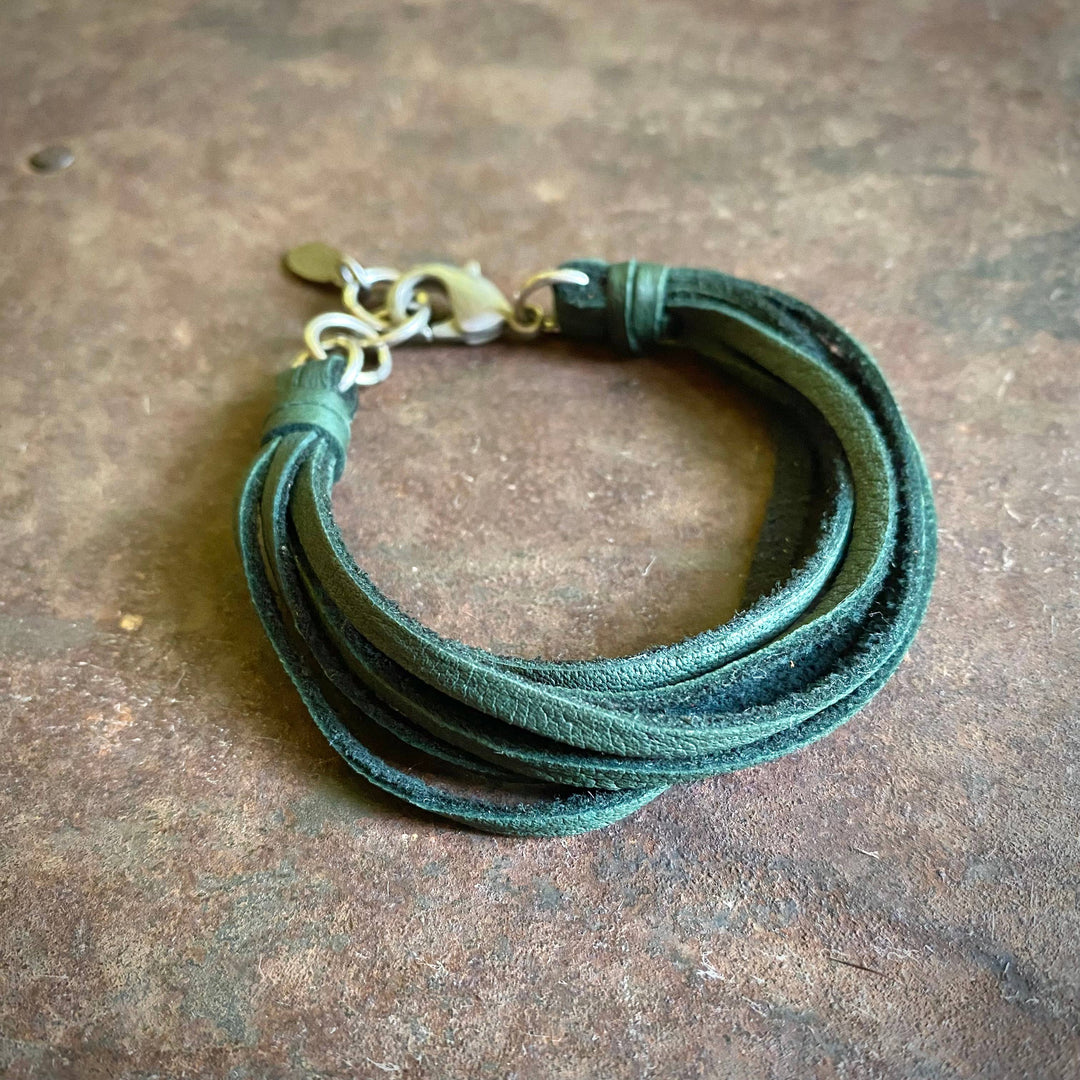 Leather 7-Strand Bracelet-Hunter Green & Silver, Western