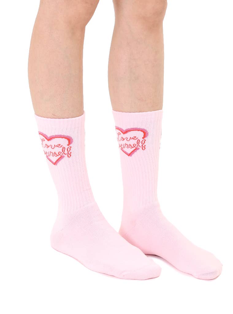 Classic Crew Socks w/ Ribbed Tubing - "Love Yourself" - Pink