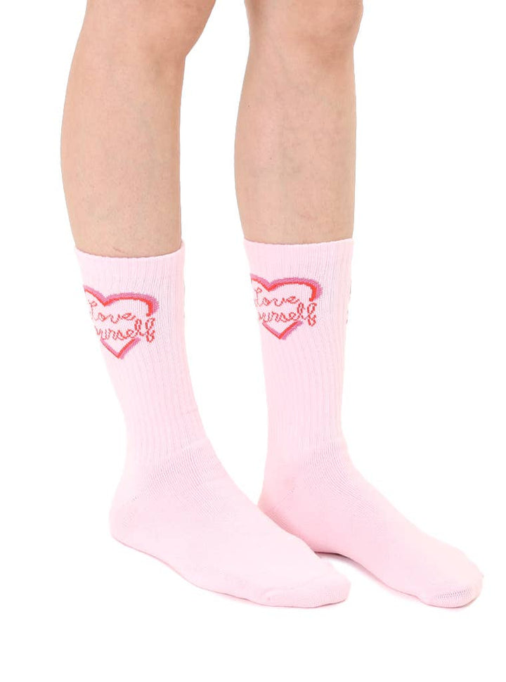 Classic Crew Socks w/ Ribbed Tubing - "Love Yourself" - Pink