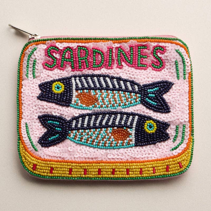 Beaded Sardine Tin Clutch – Pink Hand-Embroidered Sequin Zip Pouch