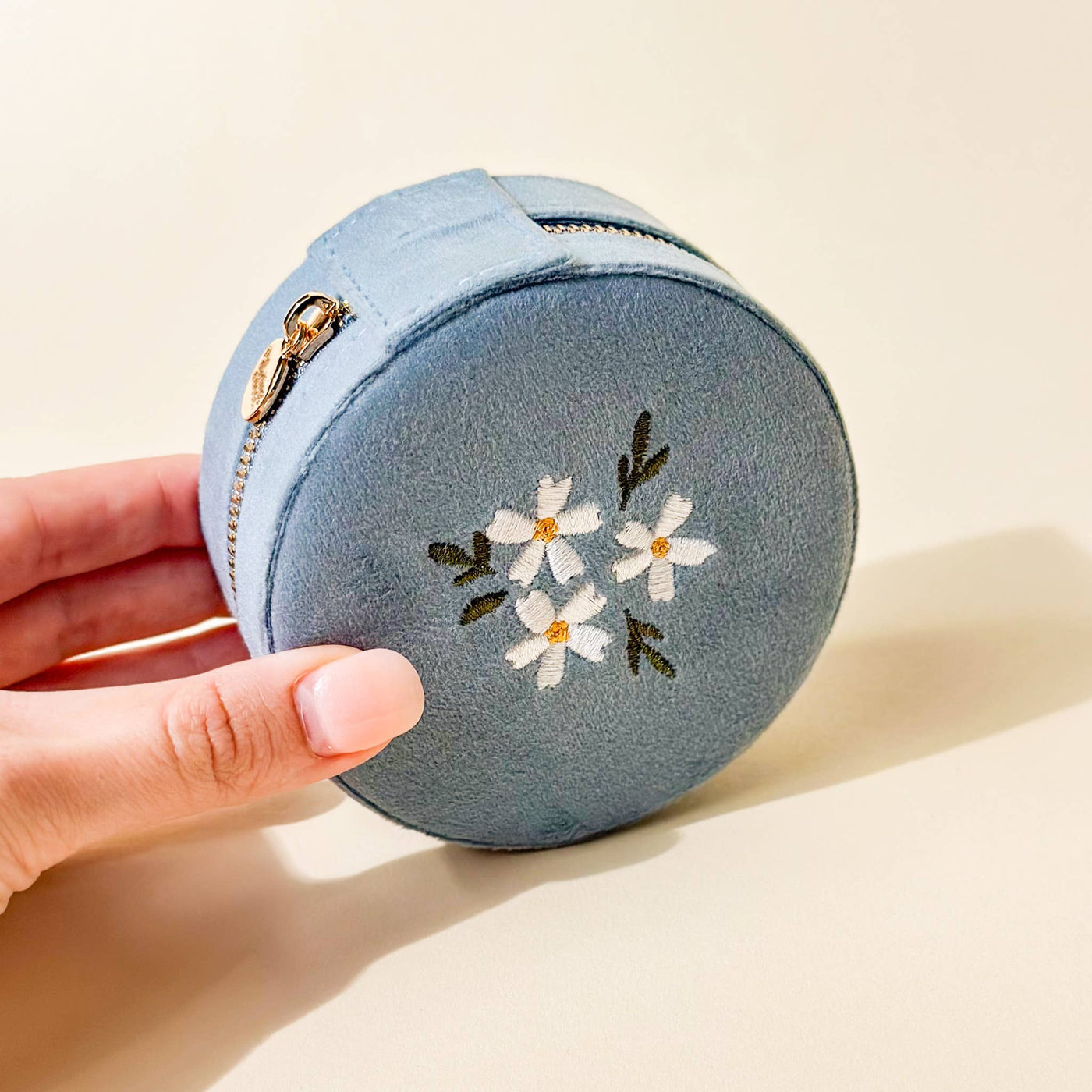 Round Velvet Jewelry Case-Floral Misty Blue