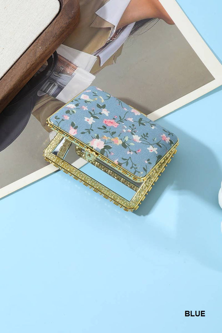Floral Design Double Sided Folding Mini Hand Mirror-Blue