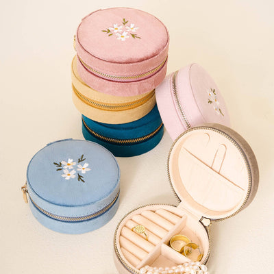 Round Velvet Jewelry Case-Floral Misty Blue