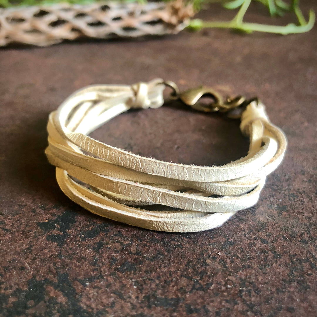 Leather 7-Strand Bracelet-Cream & Brass, Boho Western
