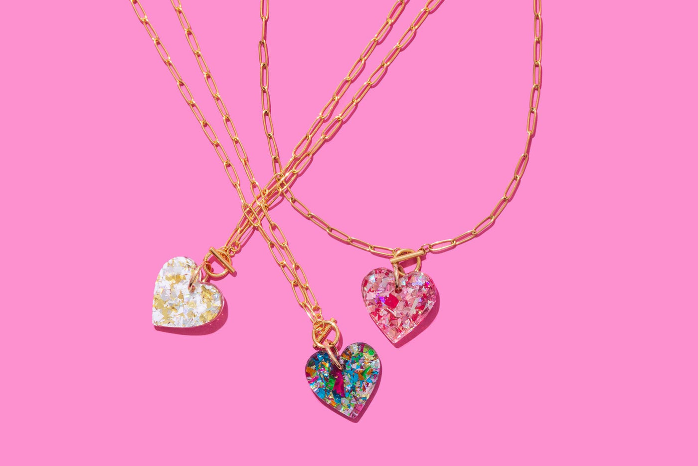 Paperclip Chain Necklace - Heart Pendant -Colorful Confetti