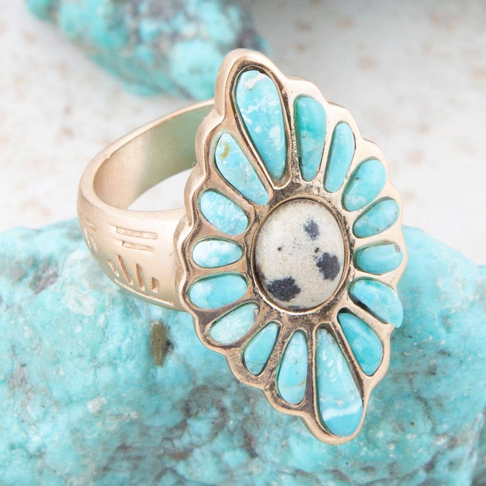 Ring-Tulum Blue Turquoise Golden Cross