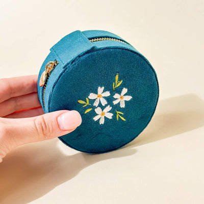 Round Velvet Jewelry Case-Floral Teal