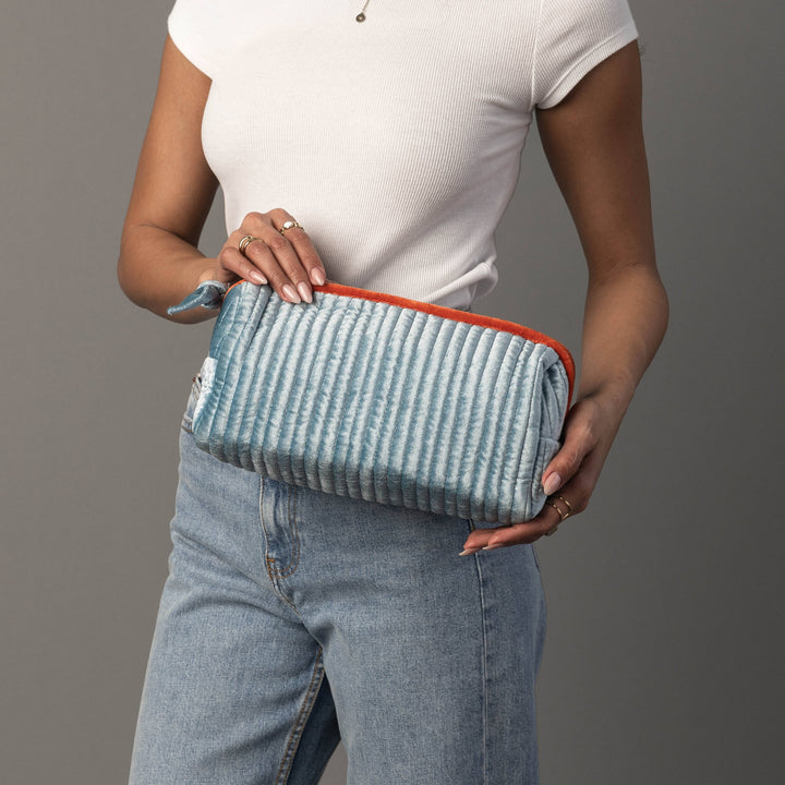 Velvet Ribbed Travel Pouch-Lt. Blue & Orange