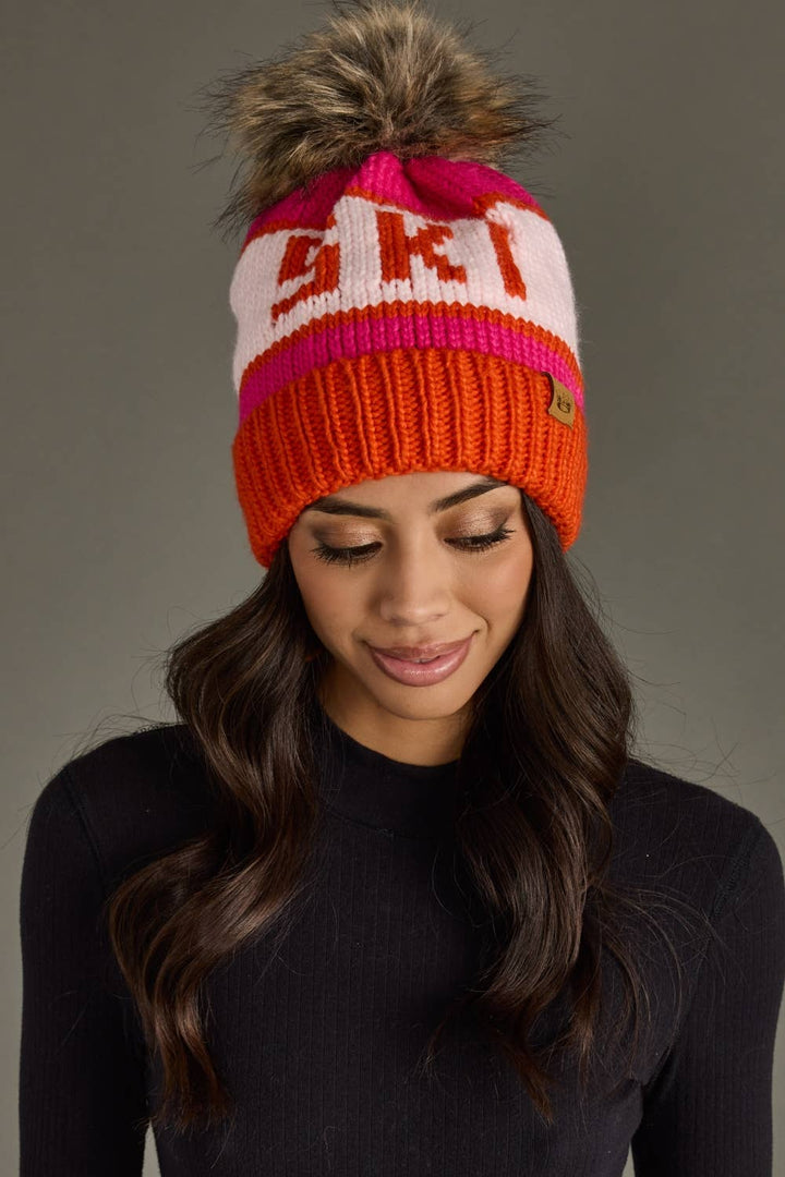 Pom Hat-Orange, Blush & Pink Ski