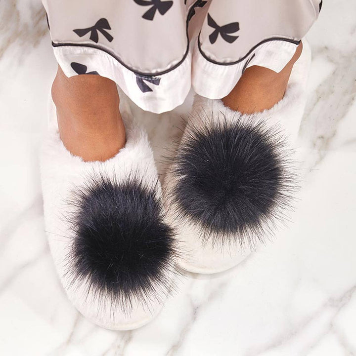 NEW Plush Slippers - Ivory + Black Pom Pom