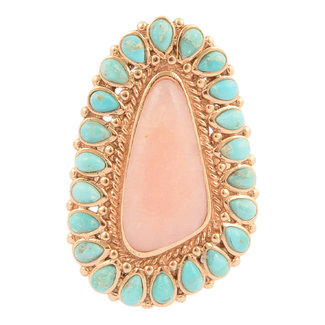 Ring-Cactus Rose Pink Opal and Blue Turquoise Golden Statement