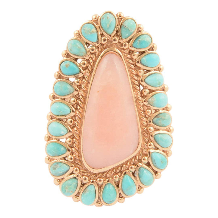Ring-Cactus Rose Pink Opal and Blue Turquoise Golden Statement
