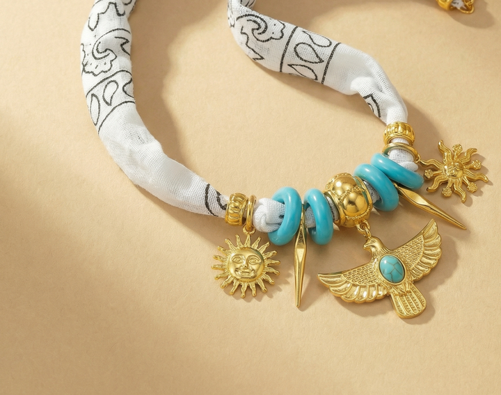 Necklace-White scarf necklace with native inspired gold charms