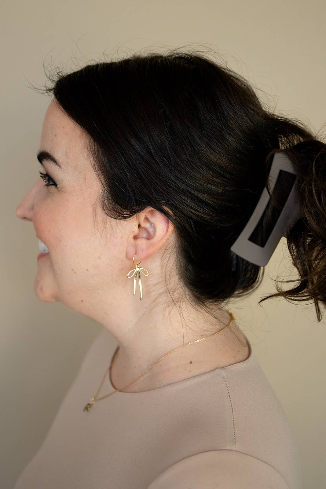 Earrings-Bow Ribbon Huggie Hoops Dangle Whimsical-Gold