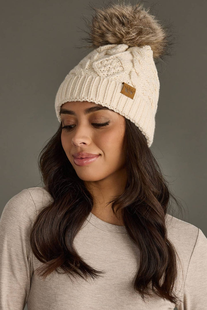 Pom Hat-Beige Cable Knit