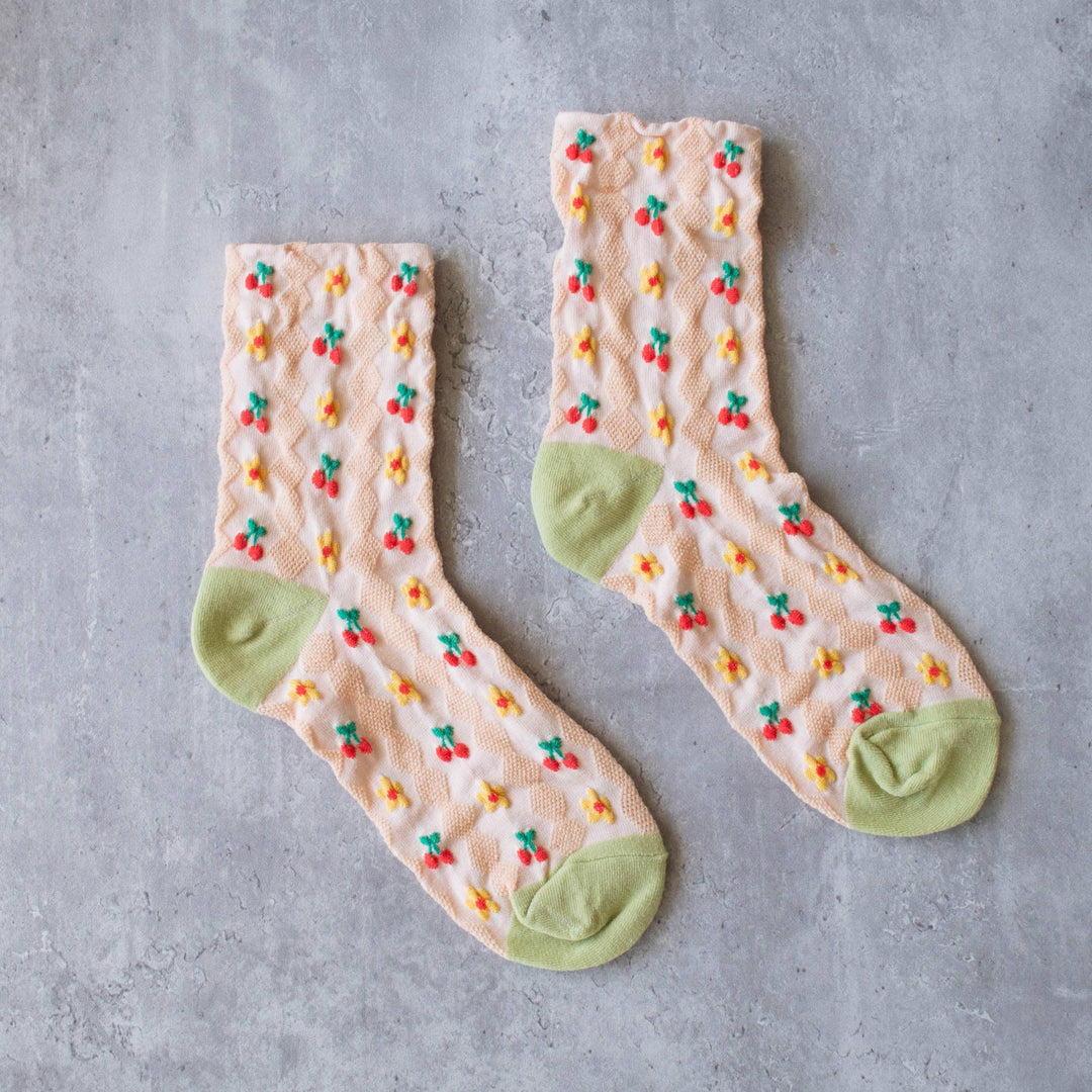 Floral Pattern Socks-Cherry