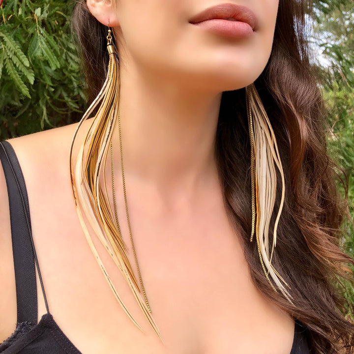 Earrings-Extra Long Feather-Golden Black, Boho Western