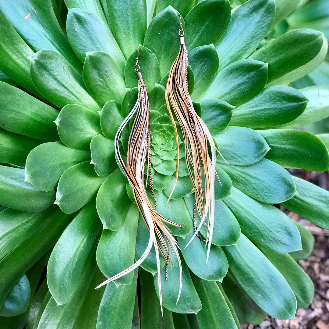 Earrings-Extra Long Feather-Golden Black, Boho Western