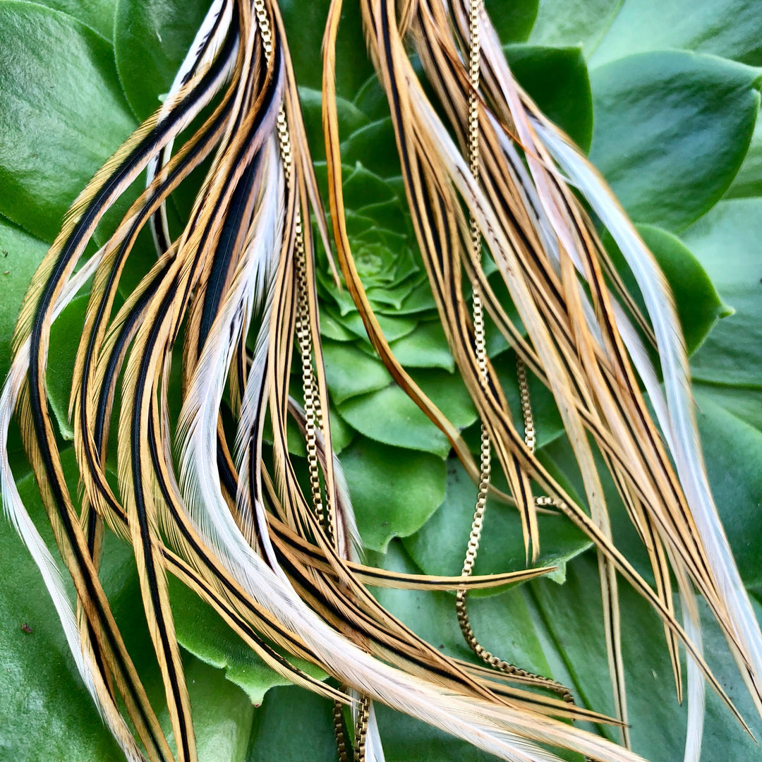 Earrings-Extra Long Feather-Golden Black, Boho Western