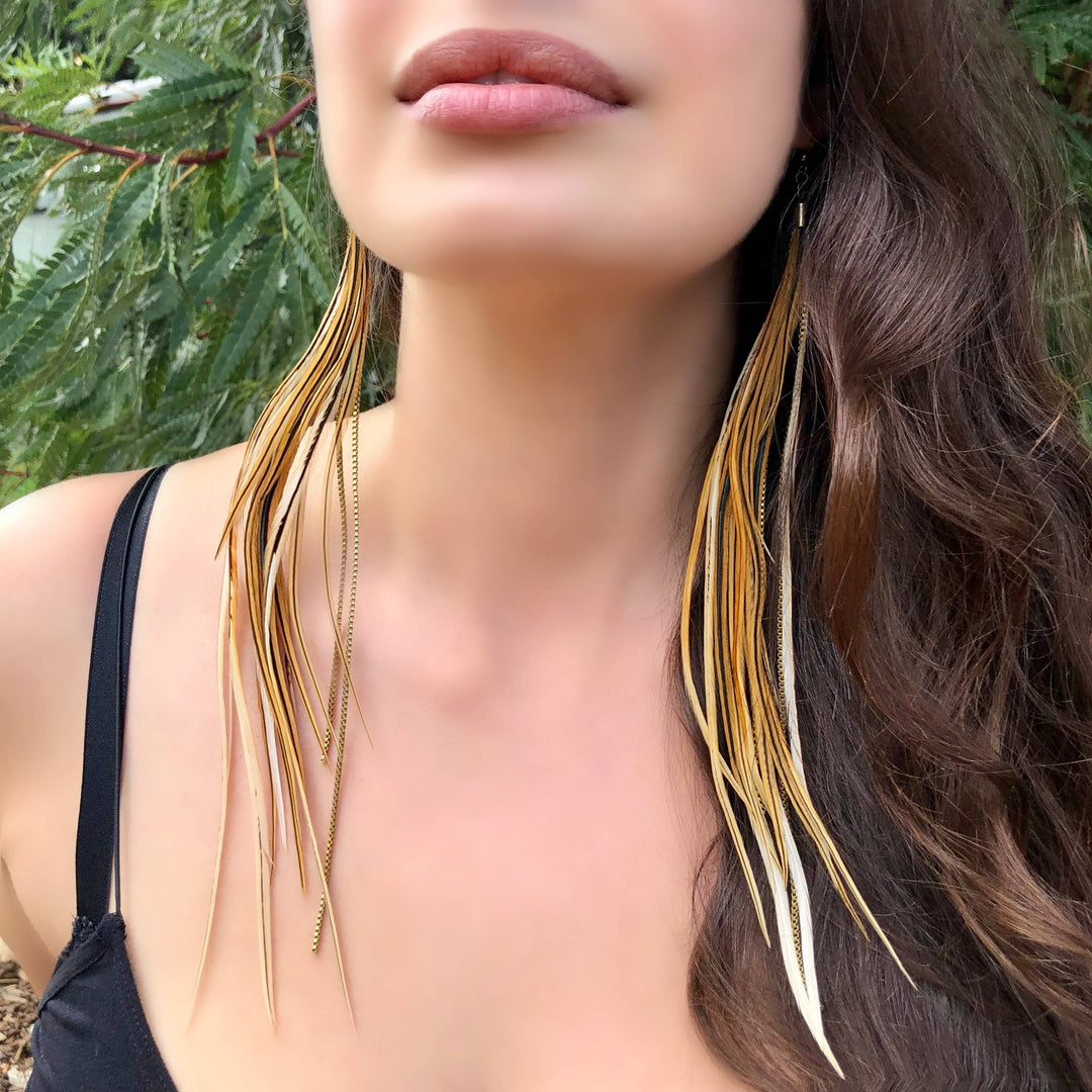 Earrings-Extra Long Feather-Golden Black, Boho Western