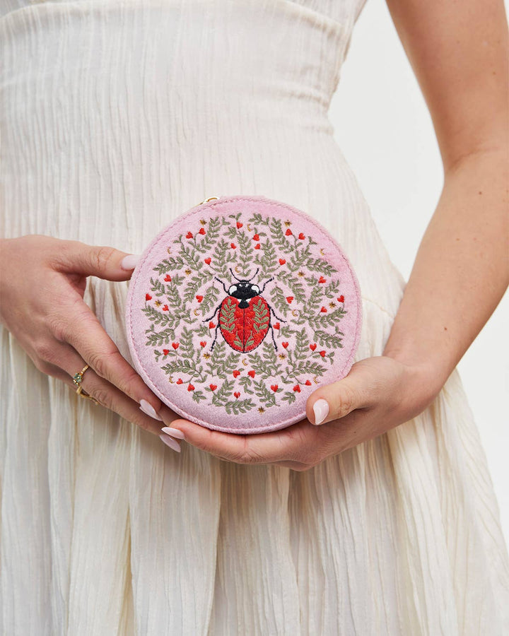 Ladybug Pink Velvet Embroidered Circle Jewellery Box