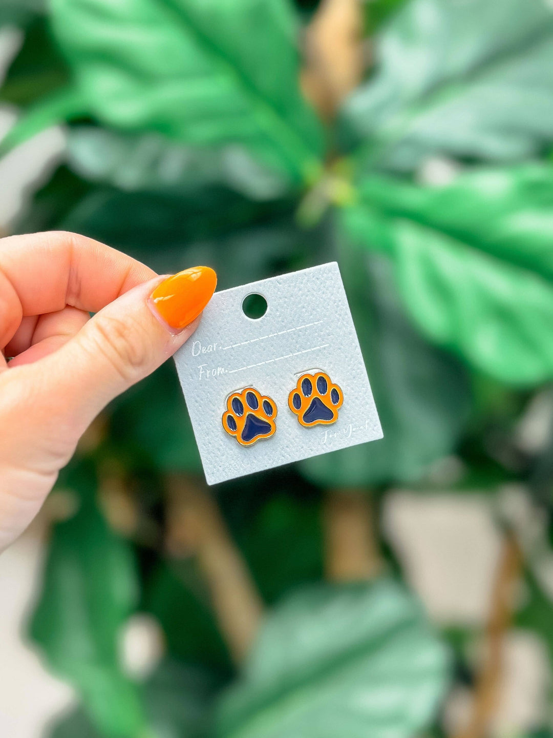 Enamel Stud Earrings-Paw Print-Navy Blue & Orange