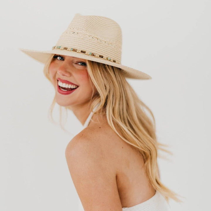 Isabella Woven Beaded Band Straw Sun Hat