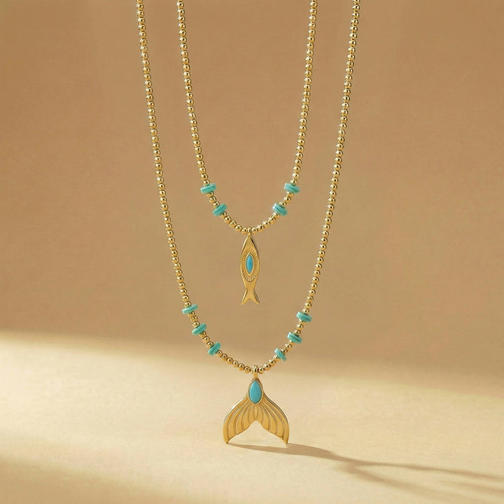 Necklace-Double Gold Strand Hematite & Turquoise Sea Charm