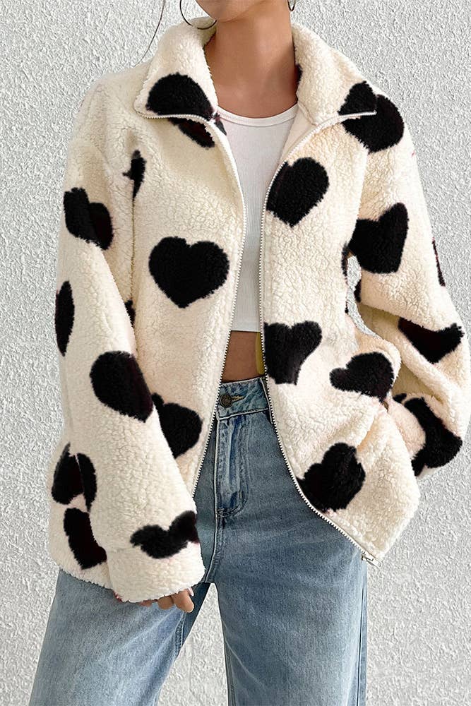 Valentine Heart Pattern Zipper Front Winter Fleece Coat