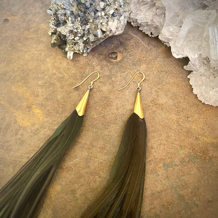 Earrings-Long Feather & Cone-Black/Gold, Boho Western