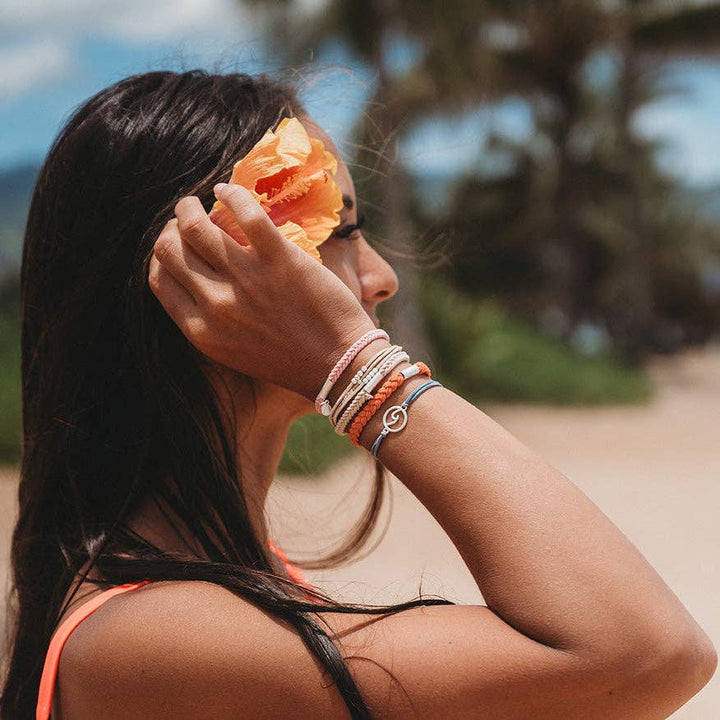 Hair Tie Bracelets-Celebrate Blues and Corals With Silver Wave Charm