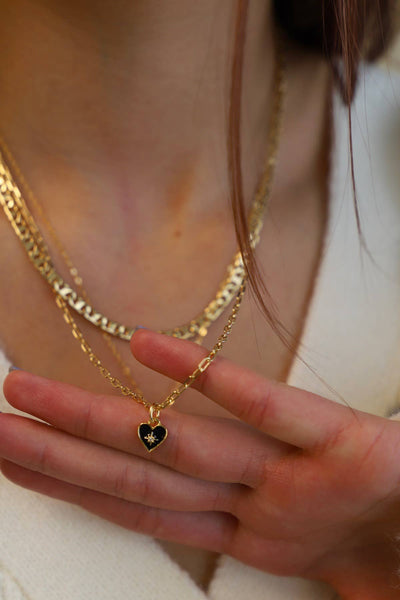 CN1552G Gold Necklace-Black Heart