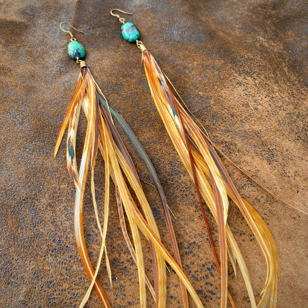 Earrings-FREEBIRDS COLLECTION: Turquoise & Feather-Natural Mix