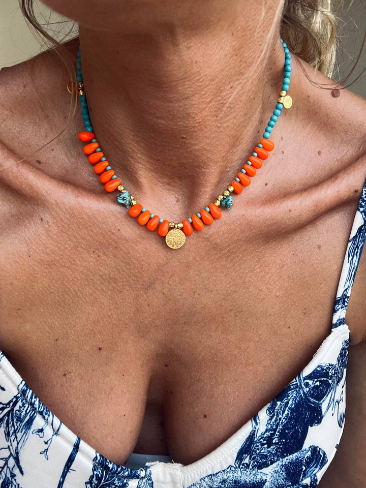 Necklace-Turquoise and orange beaded summer