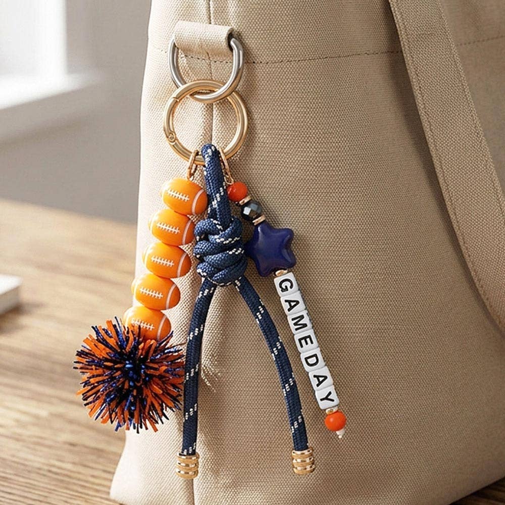 Tassel Keychain  Bag Charm-GAMEDAY Star Football Tinsel Pom Knot