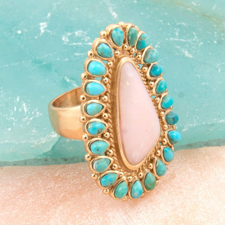 Ring-Cactus Rose Pink Opal and Blue Turquoise Golden Statement
