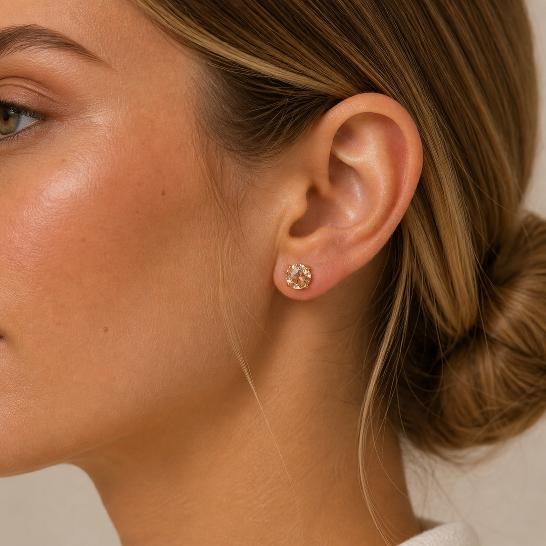 Earrings-Round CZ- Champagne - Gold